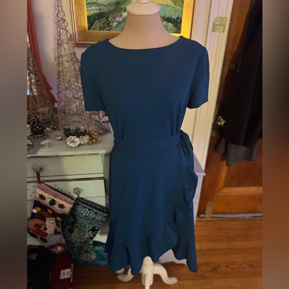 Calvin Klein Asymmetrical Teal Blue Dress 10 Sash Side Ruffle Business Wear NWOT